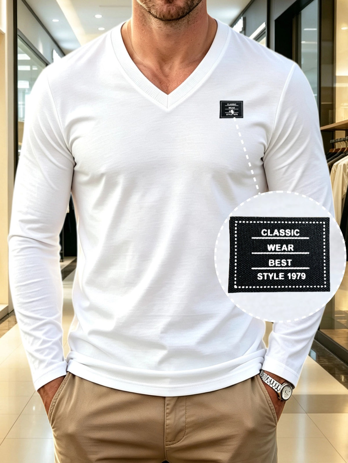 100% Cotton Men's V-Neck Long Sleeve Crewneck T-Shirt, Men's Knit Sweatshirt, Casual Sporty Outdoor Top, Versatile Men's Casual T-Shirt, Back-to-School Season, Gift for Friends - White