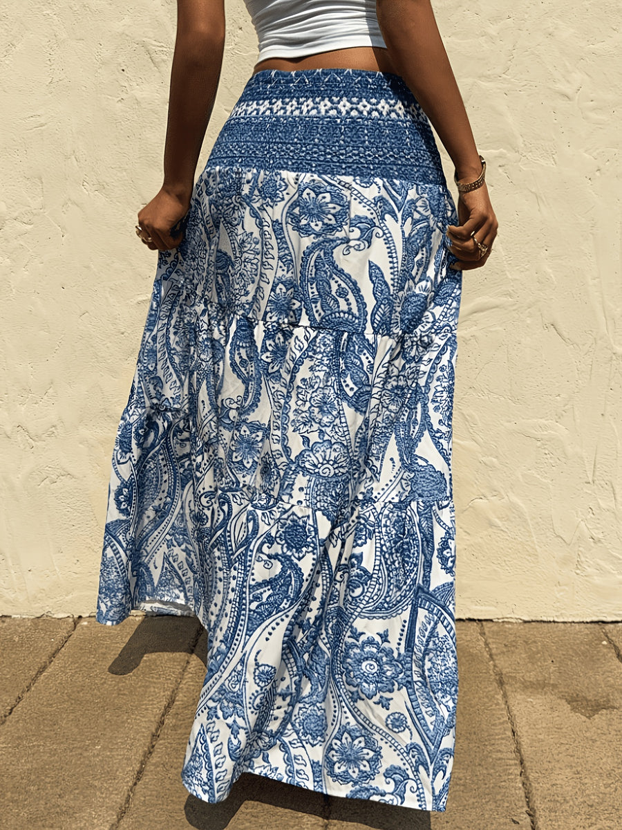 New Spring/Summer Bohemian Paisley Print High-Waist Skirt, Floor-Length Maxi Dress with a Loose Fit, Flattering Drop Waist, Elastic Waistband, Women's Casual Skirt - Blue