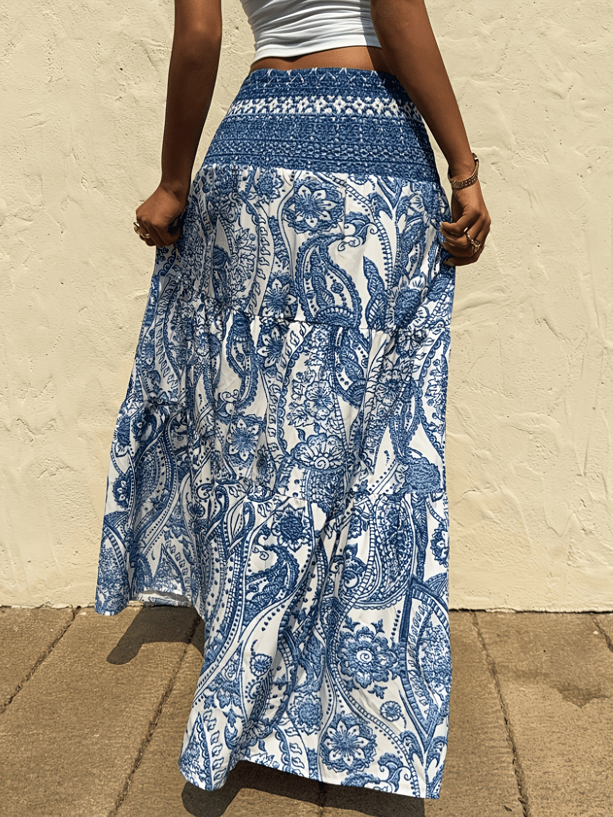 New Spring/Summer Bohemian Paisley Print High-Waist Skirt, Floor-Length Maxi Dress with a Loose Fit, Flattering Drop Waist, Elastic Waistband, Women's Casual Skirt - Blue