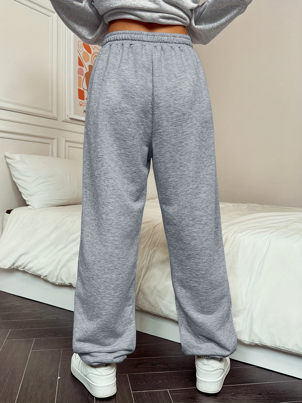 Graphic Print Regular Sweatpants, Autumn/Winter, Women's Clothing - Grey
