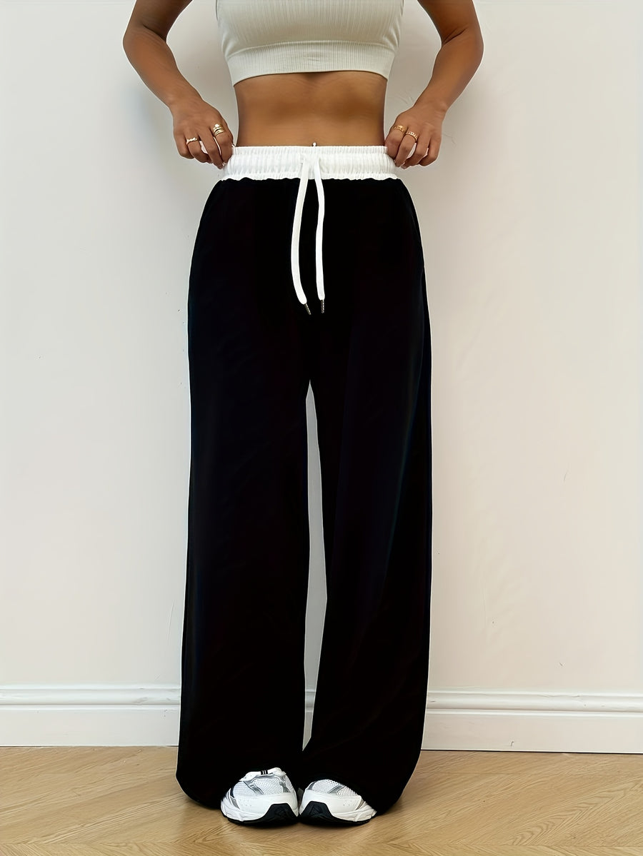 Women's Sport Studio Casual Loose-Fit Color-Block Drawstring Wide-Leg Yoga Pants - Black