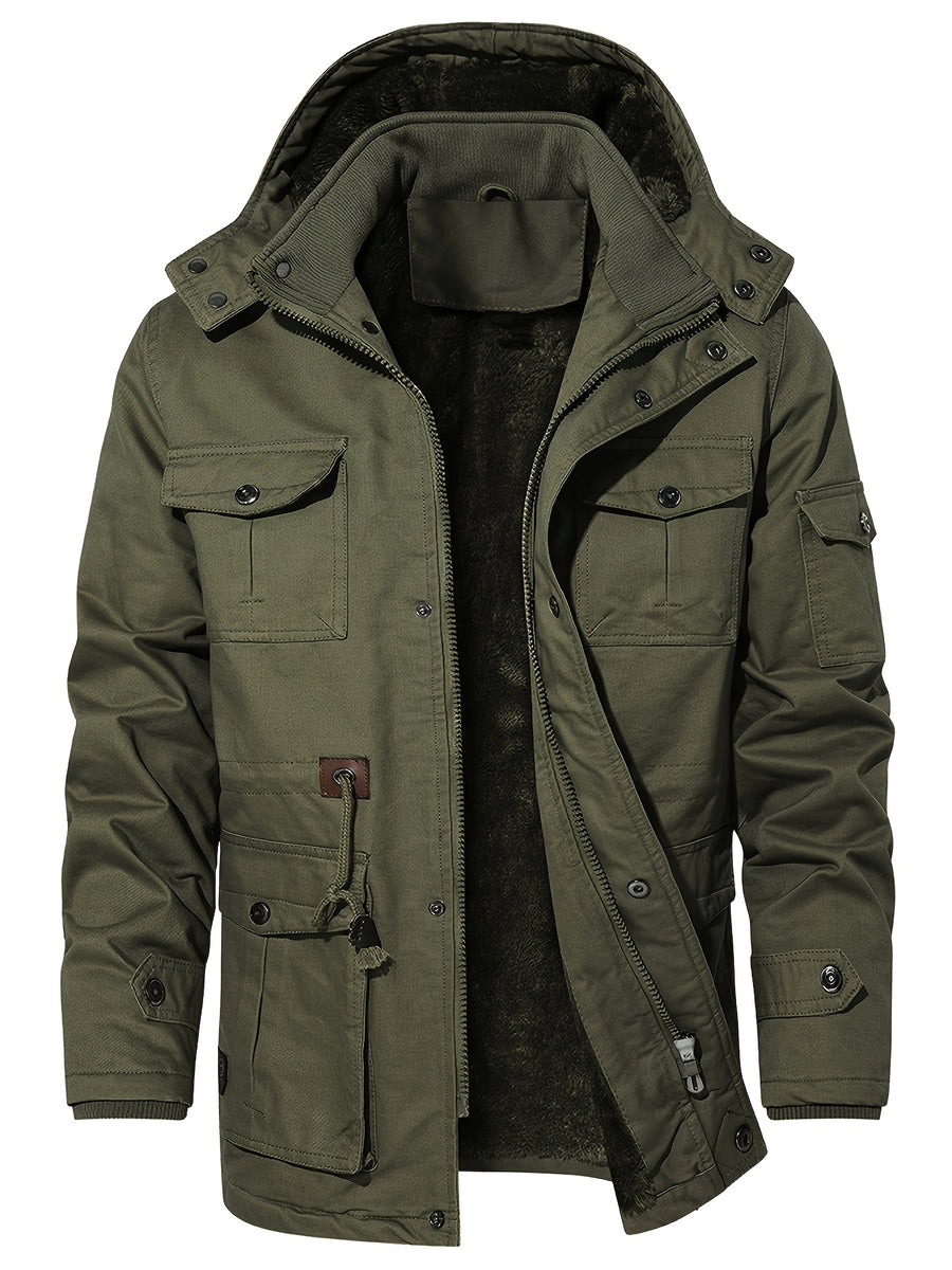 Men'S Winter Fleece-Lined Hooded Jacket - Thick Warm Insulated, Multiple Pockets, 100% Polyester Casual Coat, Machine Washable Regular Fit for Autumn/Winter Outdoor Wear, Winter Outerwear - fern green