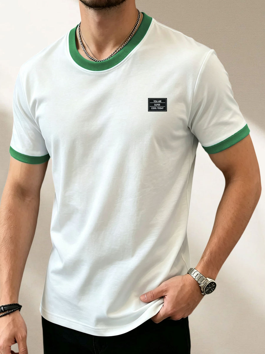 100%, Men'S Knitted Color-Block Round Neck Short-Sleeve T-Shirt, Summer Global All-Season Base Layer Factory Made Men'S Comfortable High-Fit Rate Casual Sports Contrast Patchwork Top - White Green