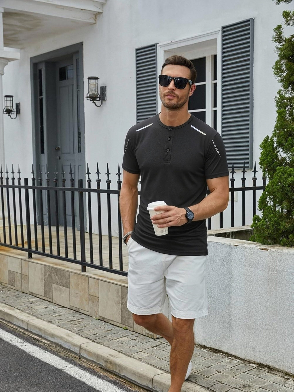 Men's Solid Color Henry Shirt, Breathable Basic T-shirt, Regular Button up Henry Collar Top, Retro Style Pullover, a Great Gift for Daily Commuting Wear. - Black