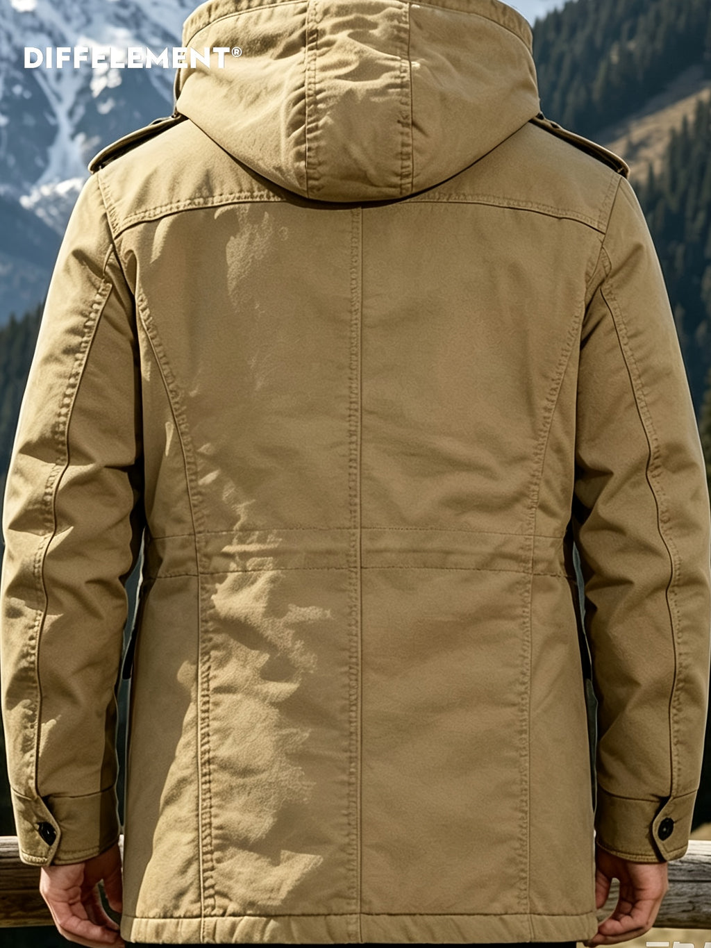 DIFFELEMENT Outdoor Hardcore Men's Workwear Style Mid-Length Hooded Parka Coat, Windproof Hood with Fleece-Lined Thickened Lamb's Interior, Double-Breasted Placket with Buttons, Multiple Pockets, Cold-Resistant, Wear-Resistant, Wrinkle-Resistant - Khaki