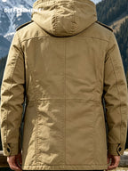 DIFFELEMENT Outdoor Hardcore Men's Workwear Style Mid-Length Hooded Parka Coat, Windproof Hood with Fleece-Lined Thickened Lamb's Interior, Double-Breasted Placket with Buttons, Multiple Pockets, Cold-Resistant, Wear-Resistant, Wrinkle-Resistant - Khaki