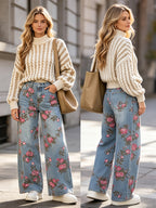 Vintage Boho Low-Rise Wide Leg Jeans for Women, Floral Print Whiskering Denim Trousers - Mixed colors