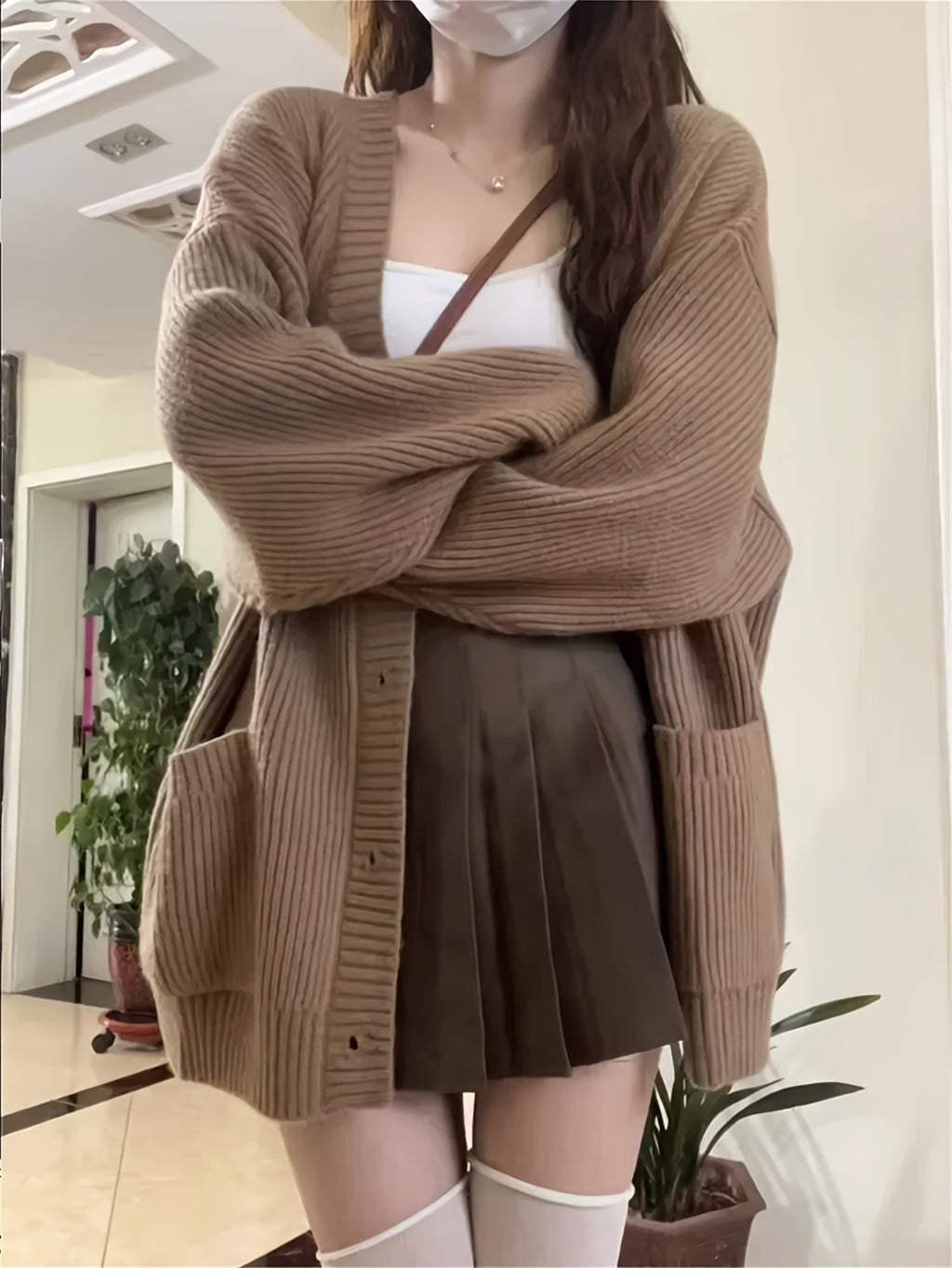 Casual V-Neck Single-Breasted Sweater Women's Autumn/Winter Coat with Double Pockets Cardigan - Khaki