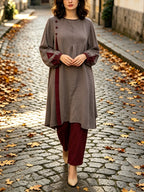 New Style Middle Eastern Muslim Abaya Set - Women's Modest Contrast Color Combination Long-Sleeve Top & Maxi Skirt with Button Detail for Ramadan Daily & Gatherings - Color Block (Gray Top + Apricot Red Pants)