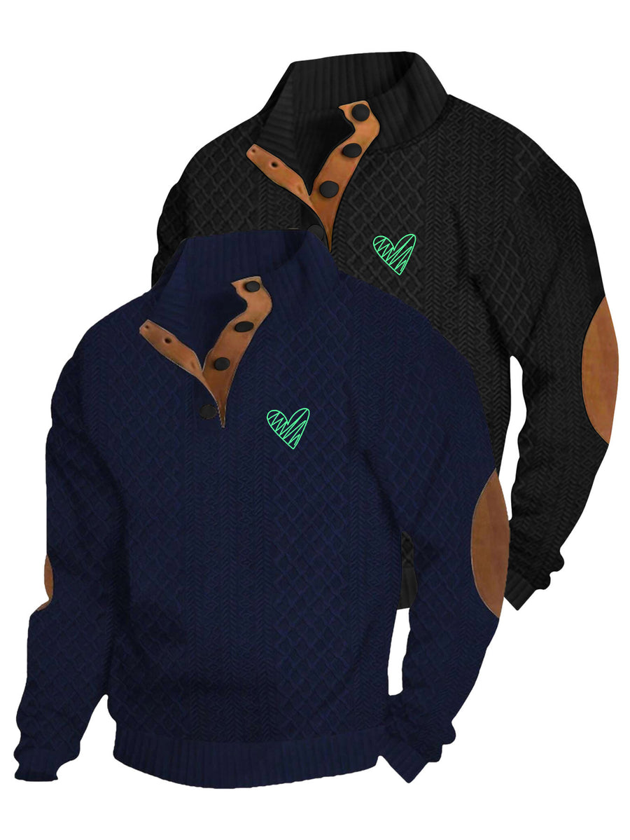 2pcs Men's Stand Collar Jacquard Knit Henley Shirts, Mature Vintage High Neck Pullover Polo, Random Texture Color-Block Collar Jacquard Patchwork Design, Suitable for Outdoor Casual Sports Wear, Ideal as Men's Birthday Gift, Outdoor Clothing - Black+Navy Blue