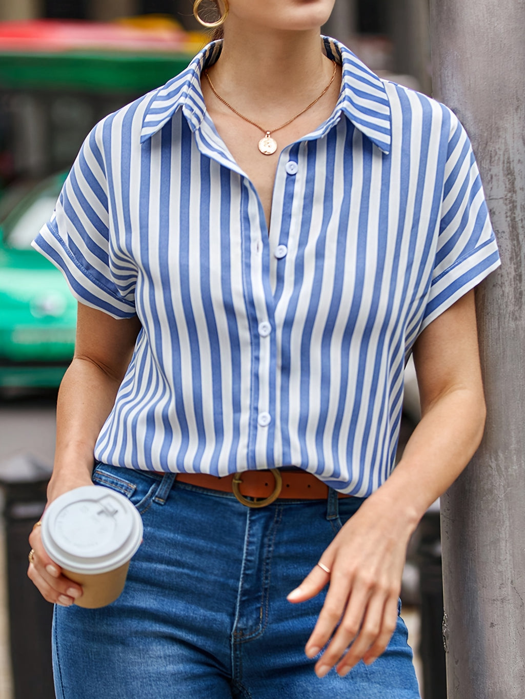 Women'S Relaxed Fit Striped Batwing Sleeve Button-Up Shirt - Blue and White, Casual Summer Top with Short Sleeves, Casual Summer Top|Striped Pattern|Comfortable Fit - Multicolor