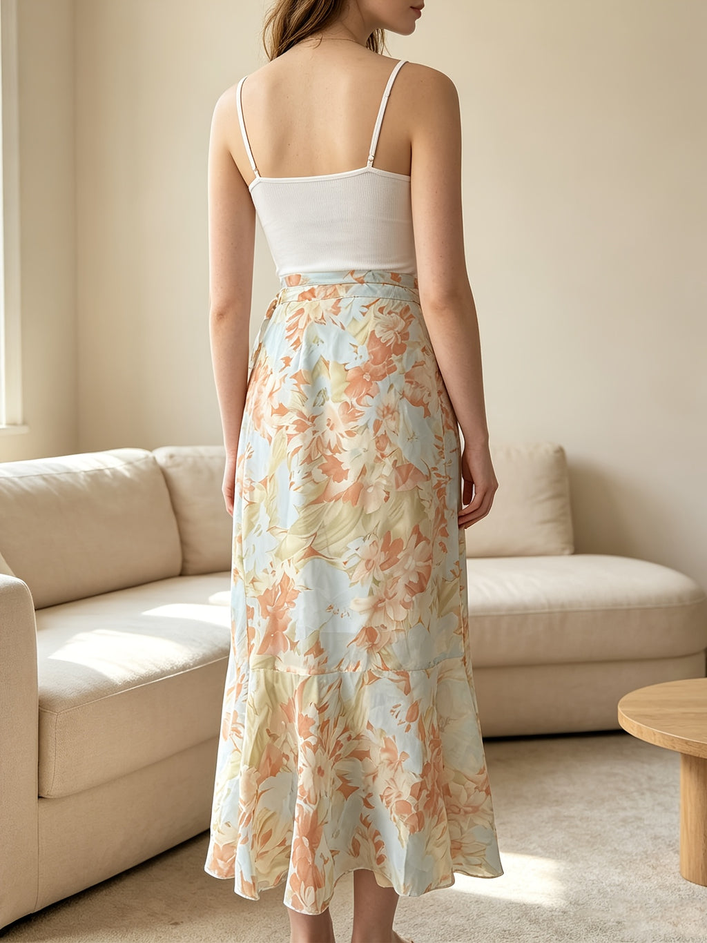 Women'S Elegant Snowflake Print Chiffon Ruffle Hem A-Line Dress, Summer, Back to Season Outfit - Powder blue
