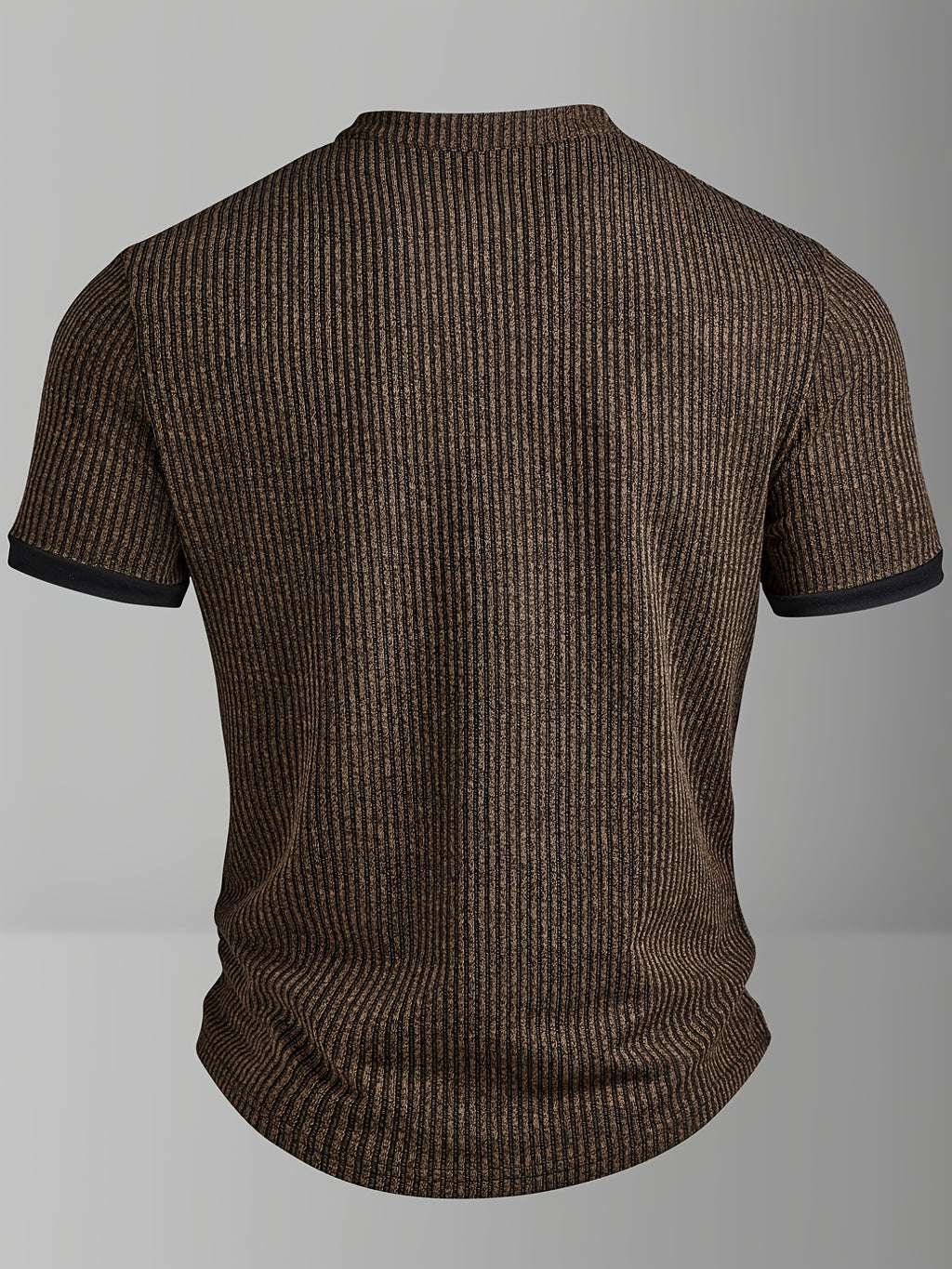 ROYALBOY Spring New Men's Casual Fashion Textured Two-Tone Striped Henley Shirt - Short Sleeve, Stand Collar, Suitable for Casual Outdoor Wear, Machine Washable, 100% Polyester Durable Wear-Resistant Fabric - Coffee Color