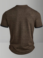 ROYALBOY Spring New Men's Casual Fashion Textured Two-Tone Striped Henley Shirt - Short Sleeve, Stand Collar, Suitable for Casual Outdoor Wear, Machine Washable, 100% Polyester Durable Wear-Resistant Fabric - Coffee Color