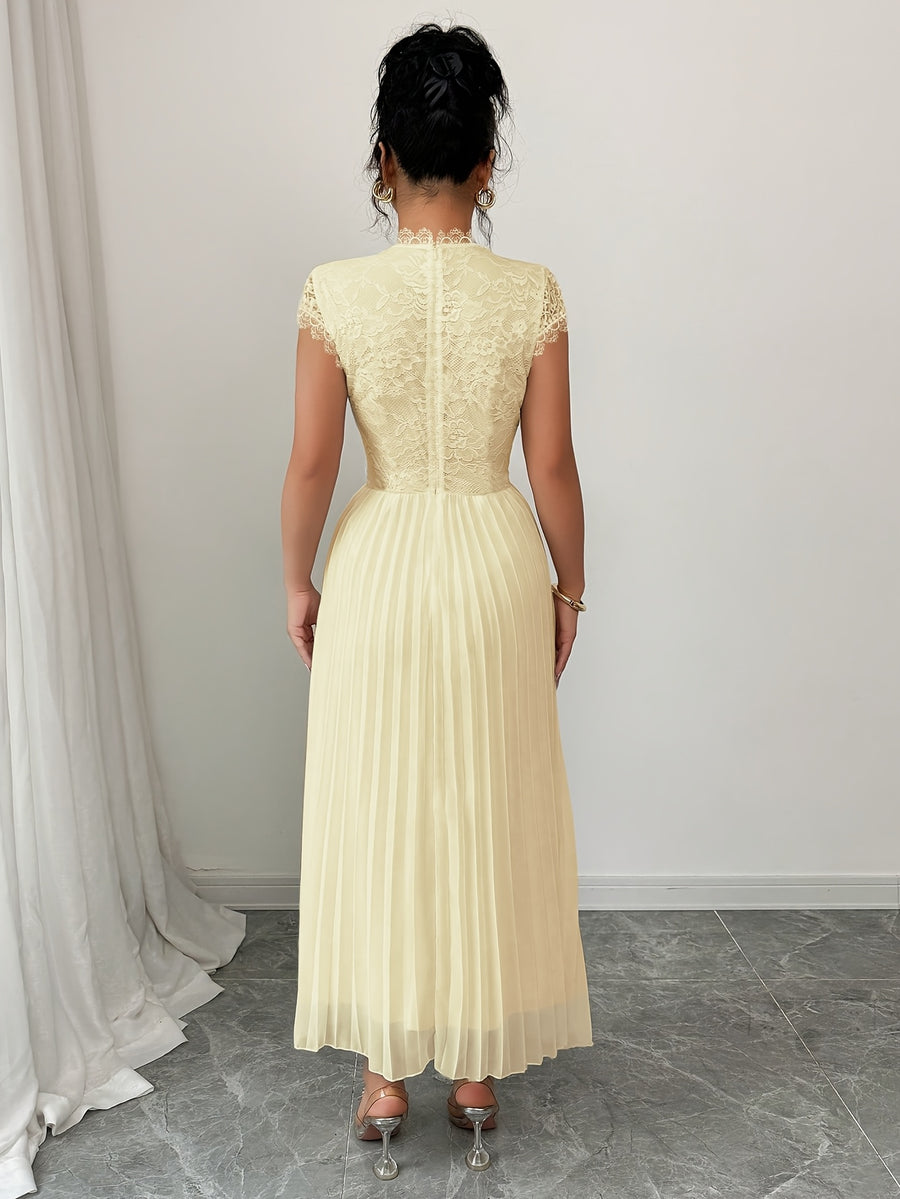 Women'S Elegant Summer Floral Lace Patchwork Pleated Maxi Dress - Champagne