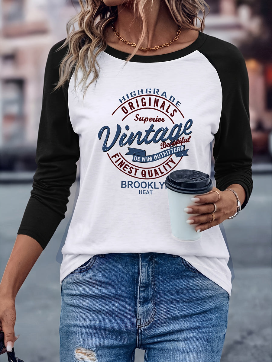 Brooklyn Vintage Pattern Design European and American Style Women's Daily Versatile Comfortable Casual Color-Blocked Crew Neck Raglan Long Sleeve T-Shirt - White against black