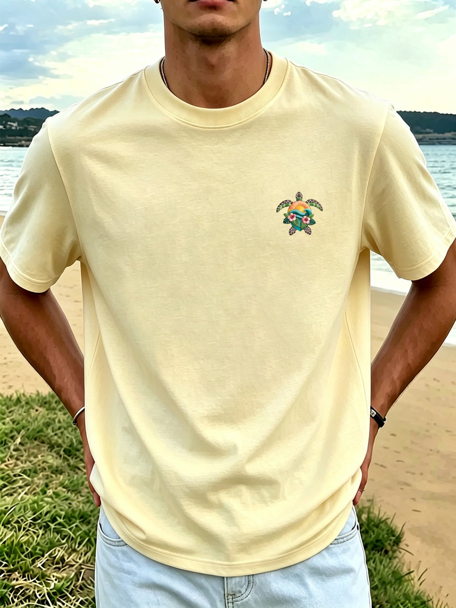 Men'S 100% Round Neck Short Sleeve T-Shirt with Turtle, Floral, And Wave Print, Comfortable, Soft, Breathable, Casual, Fashionable Summer Top - Apricot