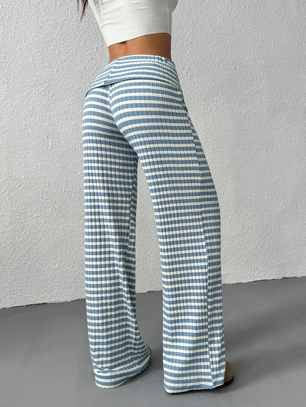 Women's Wide- Trousers - Wide- Pants with Striped, Wide-Legged Trousers Suitable for Spring/Summer, Machine Washable Elegant Wide Pants for, Casual & Semi-Formal Wear, Non- Wide Trousers - Sky Blue