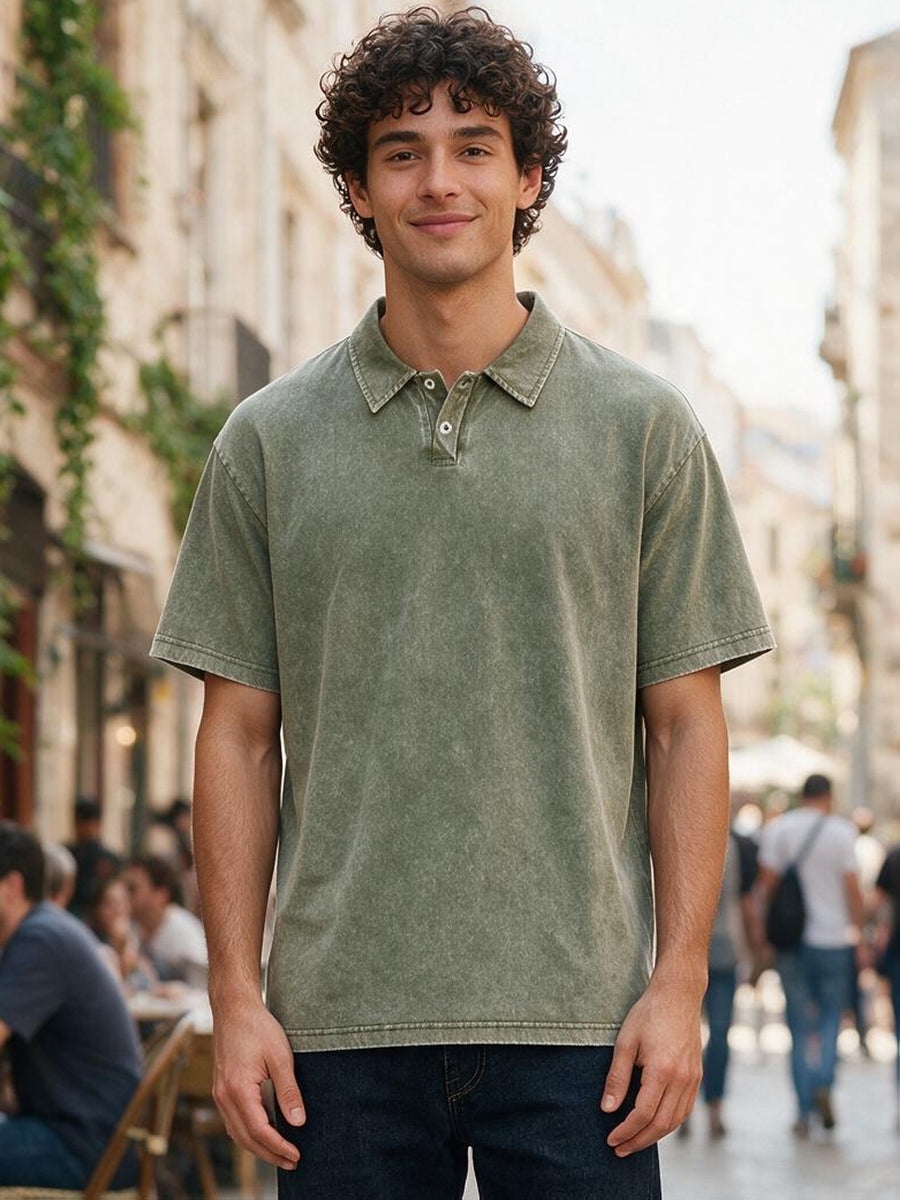 240G Heavyweight Combed Pure Men'S POLO Shirt Easy Retro Washed Loose Lapel Short Sleeve Skin-Friendly Temperament Autumn Summer Daily Commute Casual Top - Military Green
