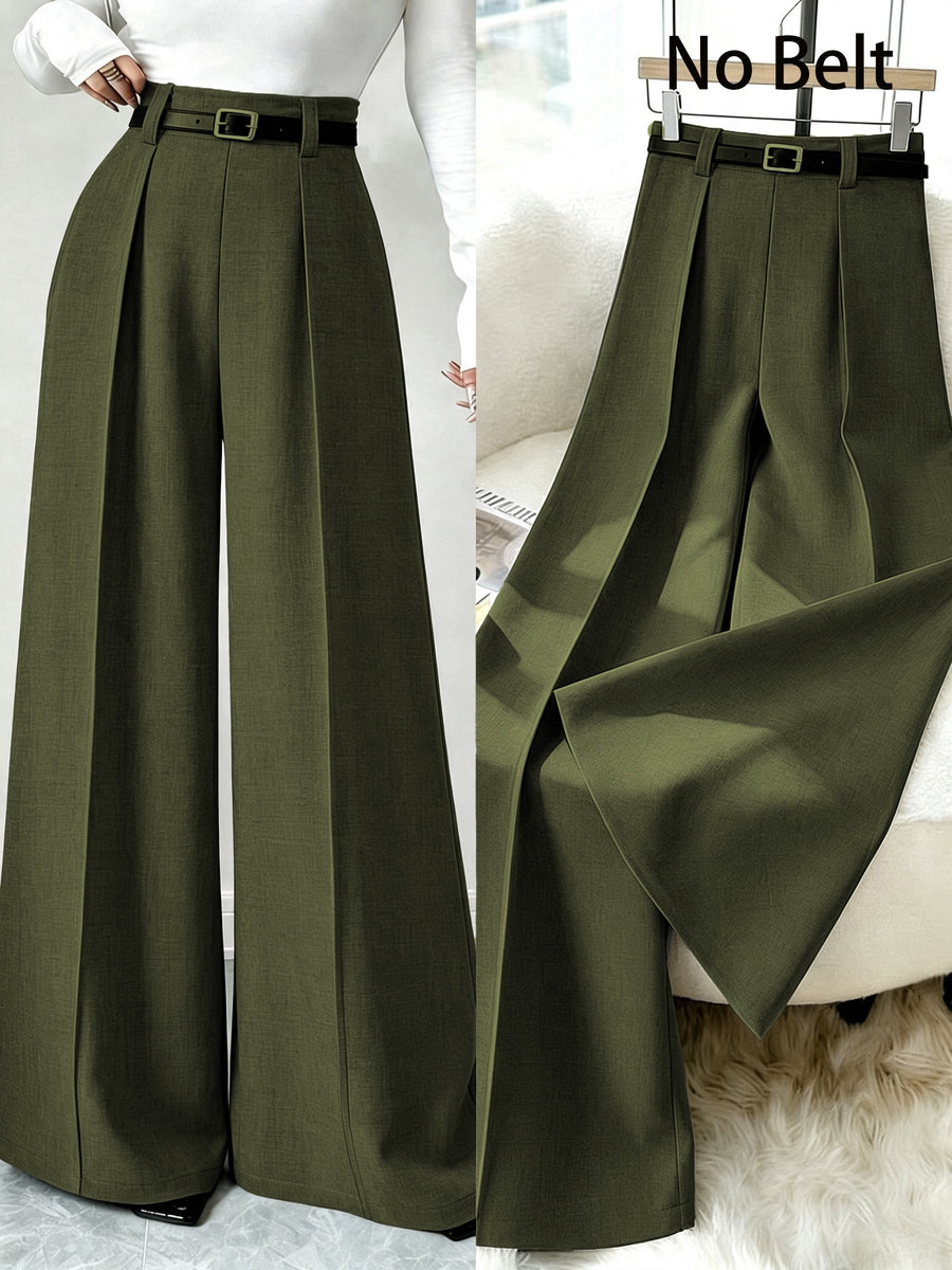 Women High Waist Front Pleated Wide Leg Dress Pants Without Belt, Elegant Flowy Straight Leg Suit Palazzo Trousers, Casual Business Office Work Long Pants, Loose Fit Formal Trousers for Ladies Daily Work Outfit - Olive Green