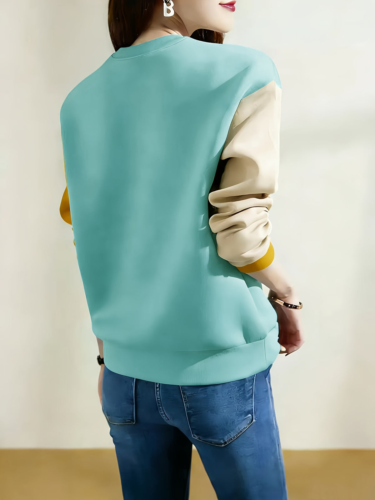 Fall Winter Women'S Fashion Color-Block Artistic Geometric Split Daily Casual Commute Sweatshirt - Cyan