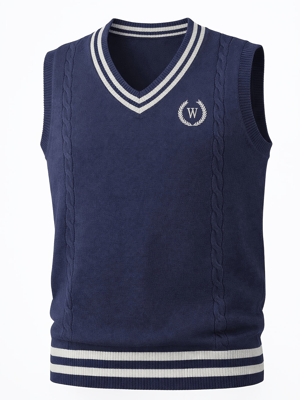 Men's Cable Knit Sweater Vest Sleeveless Striped Trim & Embroidered Logo Waistcoat - Preppy Business Casual Fall Winter Knit Vest Suitable for Office, Semi-Formal Wear, Layering Piece - Navy Color