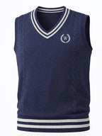 Men's Cable Knit Sweater Vest Sleeveless Striped Trim & Embroidered Logo Waistcoat - Preppy Business Casual Fall Winter Knit Vest Suitable for Office, Semi-Formal Wear, Layering Piece - Navy Color