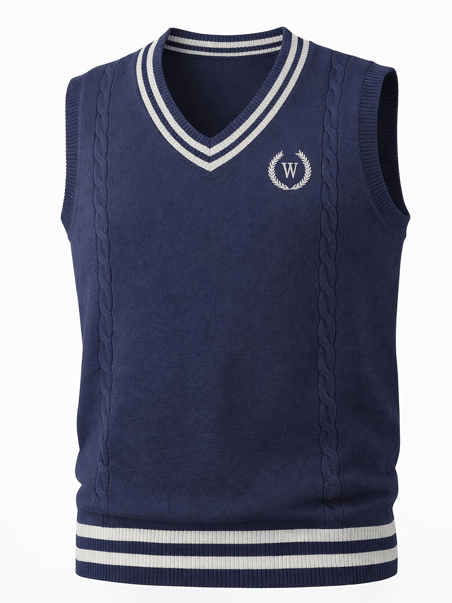 Men's Cable Knit Sweater Vest Sleeveless Striped Trim & Embroidered Logo Waistcoat - Preppy Business Casual Fall Winter Knit Vest Suitable for Office, Semi-Formal Wear, Layering Piece - Navy Color