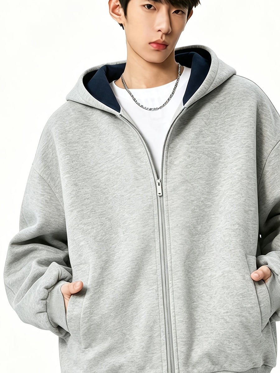Men's Color-Block Hooded Zip-Up Jacket, College Style Outerwear - Grey