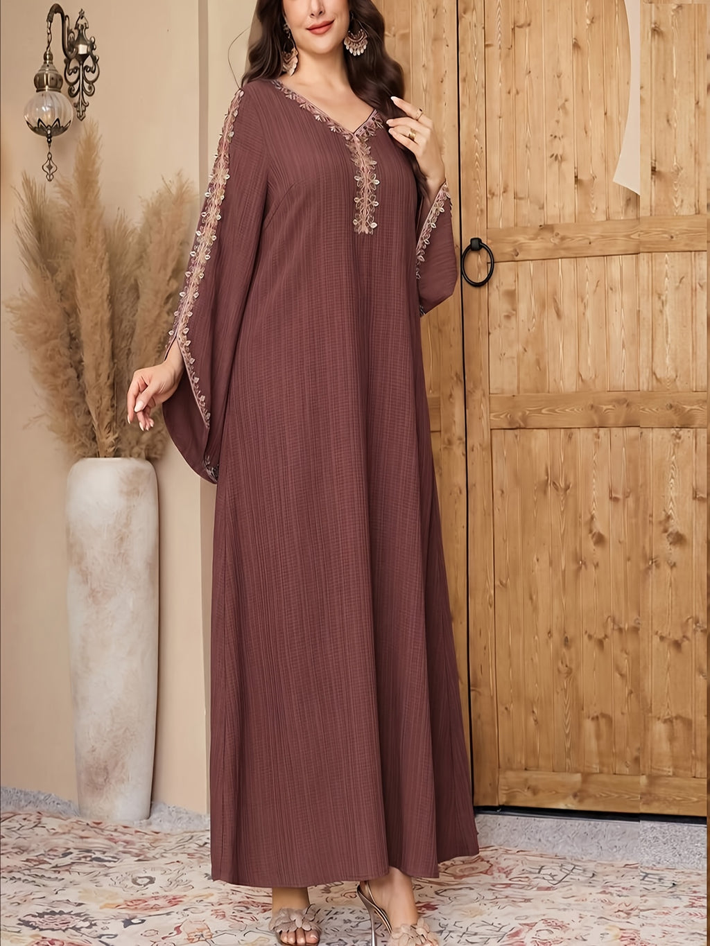 Women's V-neck Long-sleeve Arabic Traditional Robe, Adorned with Appliqué Decorations. Women's Dress Suitable for Holidays and Daily Wear. Abaya Robe. Elegant Formal Dress. Women's Long Dress - Brick Red