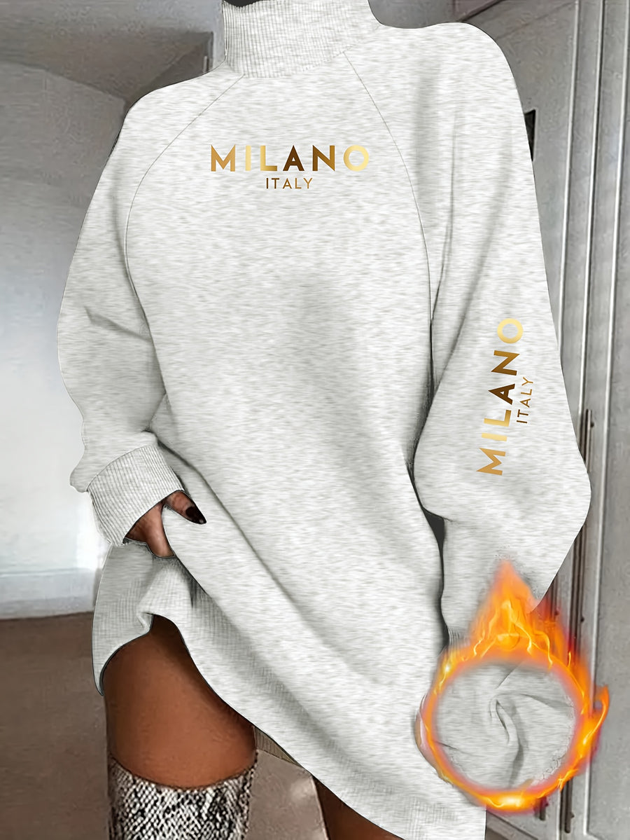 Women'S Elegant Turtleneck Sweater, Fall Winter Casual Fashion Sweatshirt, Printed with MLANO Design, Comfortable Fabric Loose Fit Long Sleeve Dress Top - White Gray