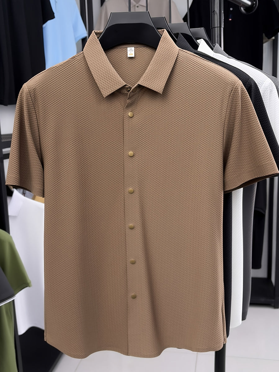 New Summer 2026 Men's Waffle Short-Sleeve Shirt, Lightweight and Breathable Business Casual T-Shirt, Multiple Colors Available, Refreshing and Versatile Commuter Top 100 - Coffee Color