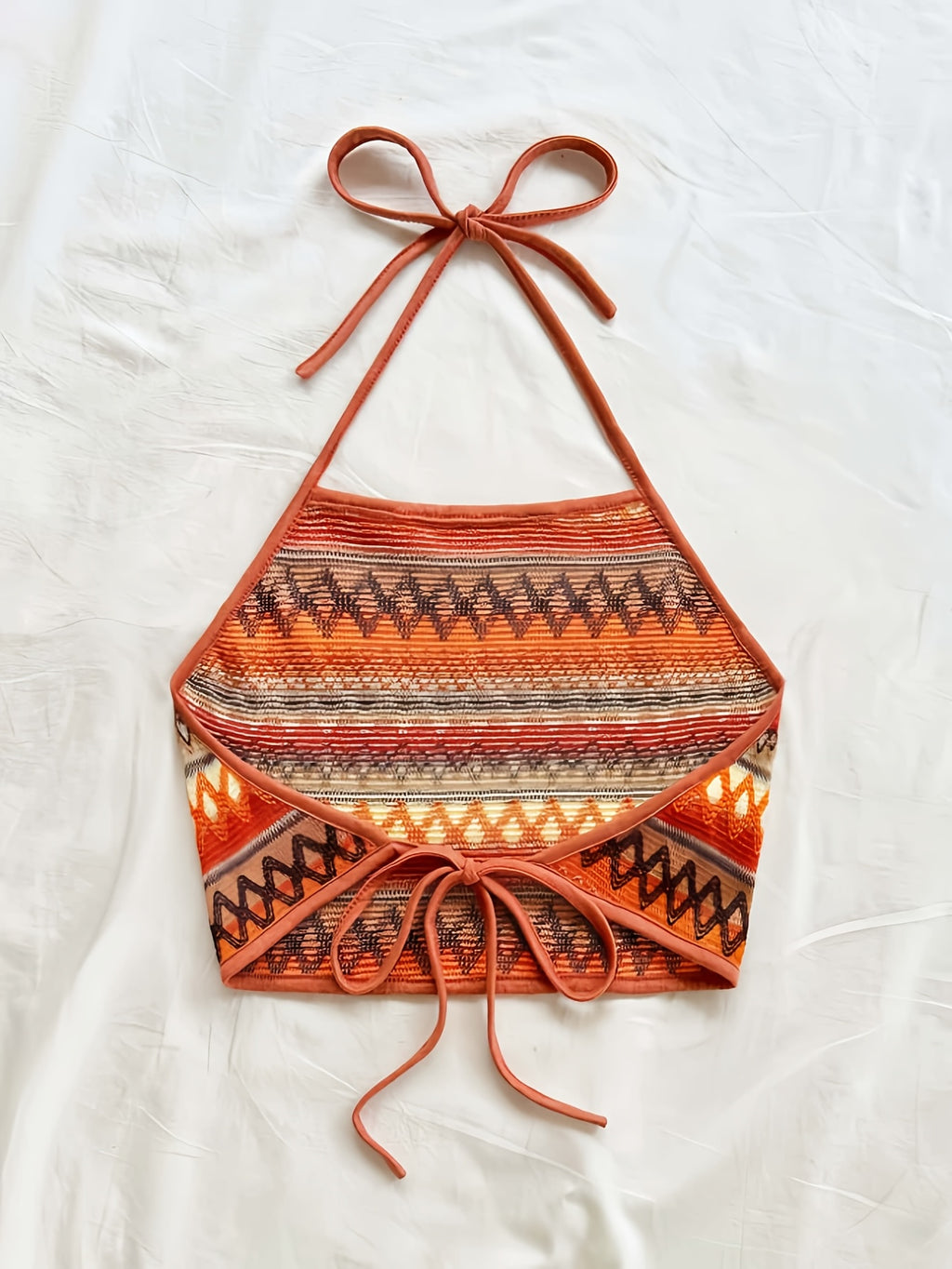 Women'S Vacation-Style Halter Crop Top with Colorful Geometric Stripes, Perfect for Summer Outings, Dates, And Everyday Wear - Orange