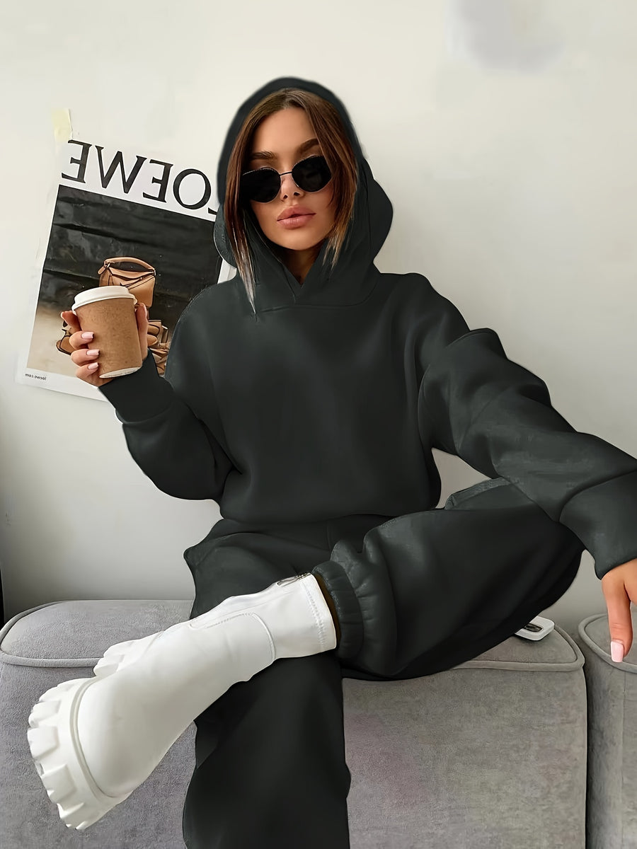 Women's Autumn/Winter New Hooded Sweatshirt Solid Color Set - Iron Gray