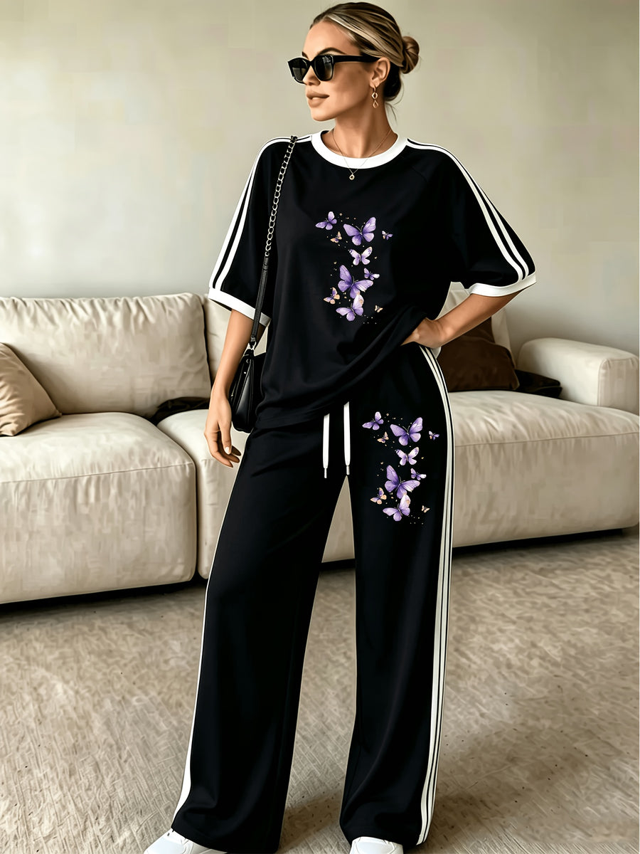 2pcs Set of Barcode Women'S Short Sleeve Long Pants, Printed Color-Block Comfortable Soft Casual Outdoor Sports Set Long Sweatpants Short Sleeve Top - Black