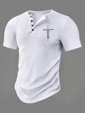 Men's Fashion Top, Spring/Summer Casual Textured Ribbed Fabric, Crew Neck Single-Breasted Button Letter Print Short Sleeve Henley Shirt - White