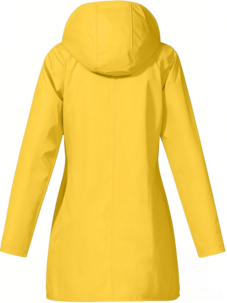 Women'S Hooded Outdoor Pocket Zipper Casual Mid-Length Trench Coat - Yellow