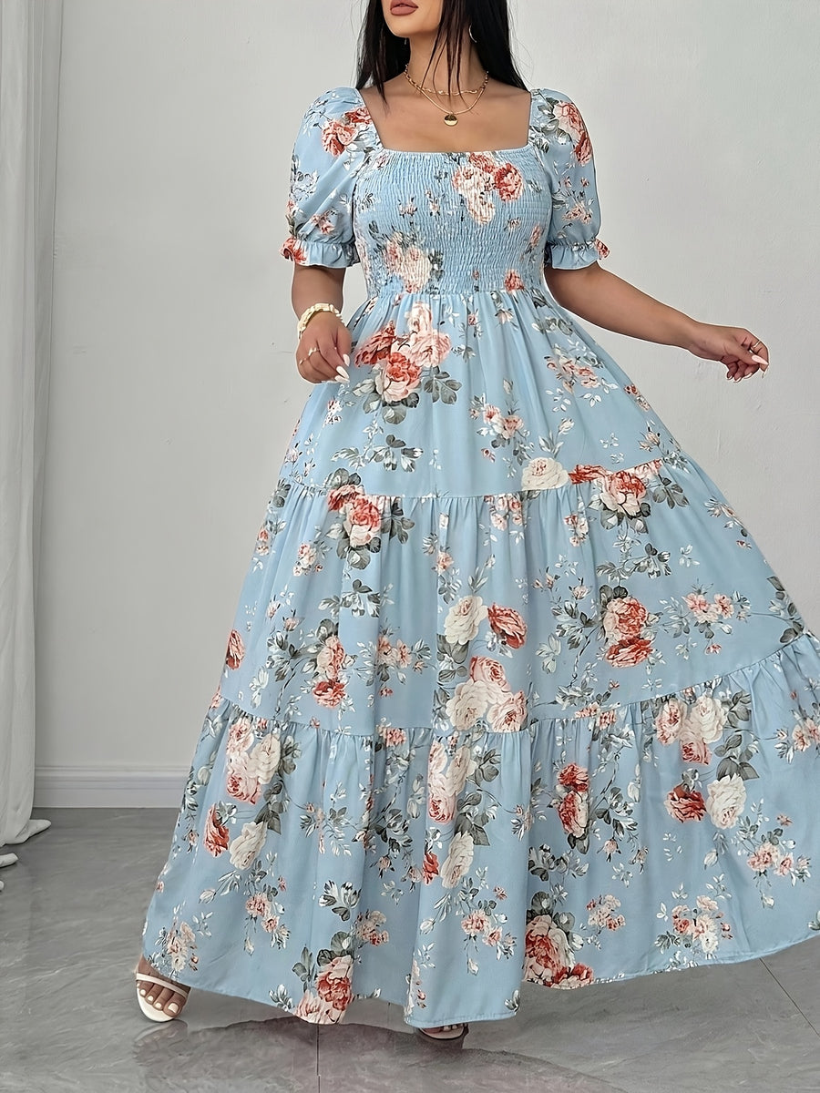 Plus Size, Elegant Women's Floral Print Dress with Ruched Detailing - Sky Blue