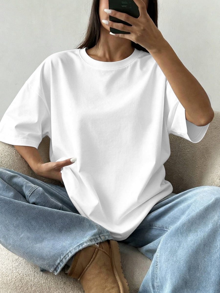 Women's Oversized Round Neck T-Shirt - Lightweight Short Sleeve Blouse Basic Solid Color Top | Spring Summer Casual Loose Fit Pullover, Machine Washable Suitable for Casual Attire, Office, Lounge & Layering - White