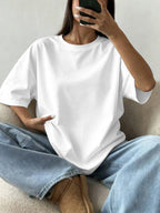 Women's Oversized Round Neck T-Shirt - Lightweight Short Sleeve Blouse Basic Solid Color Top | Spring Summer Casual Loose Fit Pullover, Machine Washable Suitable for Casual Attire, Office, Lounge & Layering - White