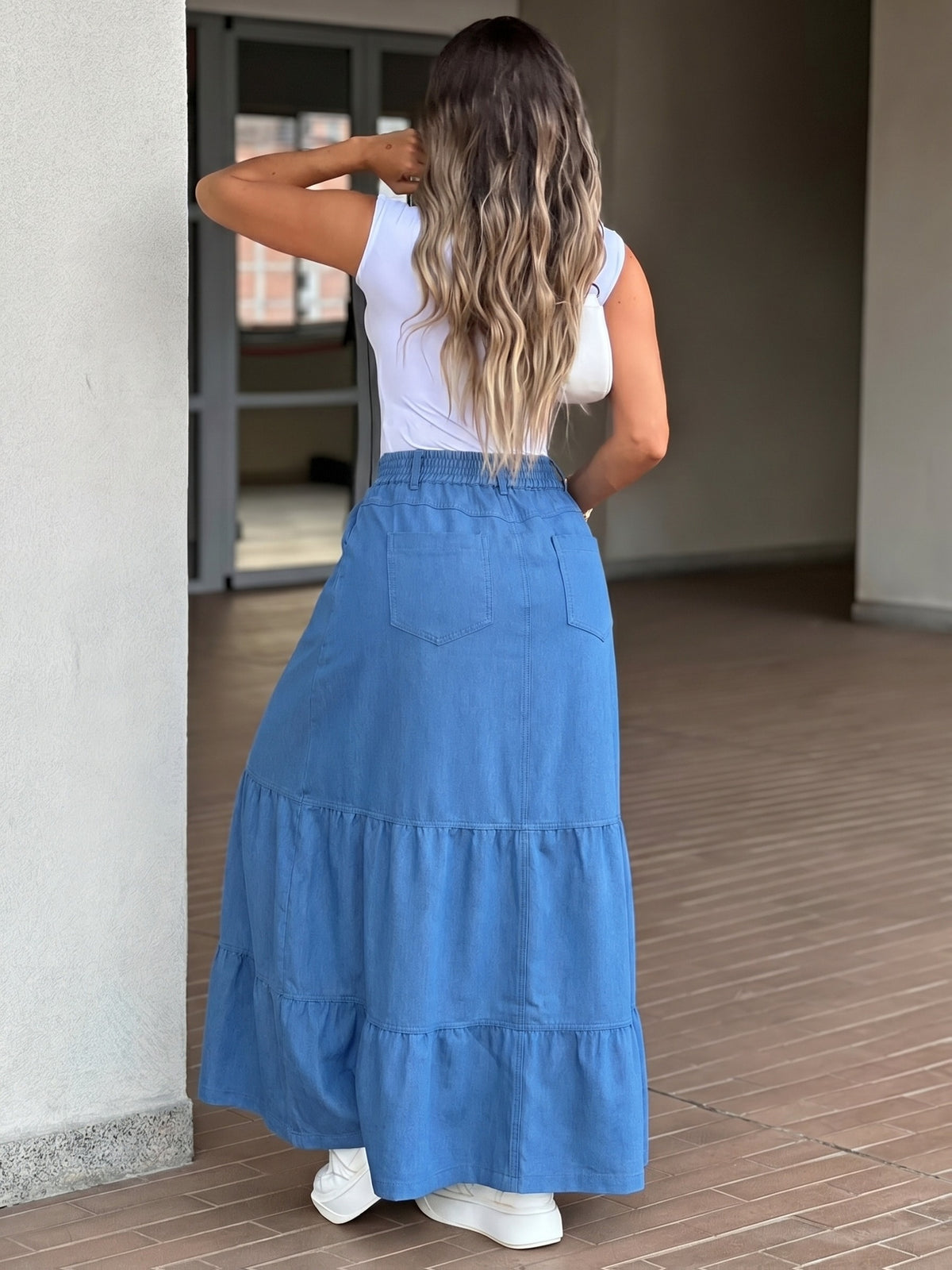 [Printed Pants - Not Denim Fabric] Spring and Autumn High-Waist Long Dress for Women, Front-Button A-Line Ruffle Hem Maxi Dress, Non-Denim - Blue