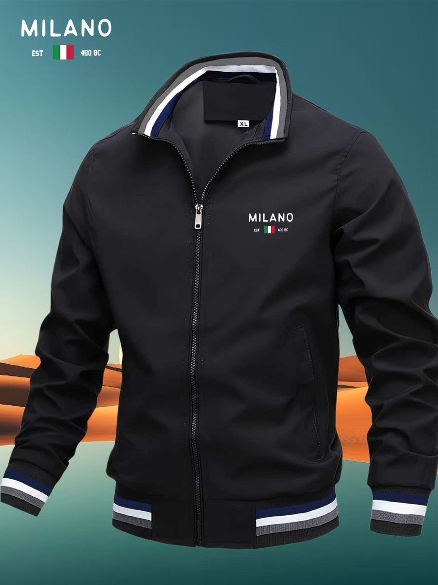 Men'S Versatile Casual Milan Element Stand-Up Collar Baseball Jacket, Contrast Ribbed Design, Windproof And Stiff, Spring Autumn Daily Commute Casual Versatile Top - Black