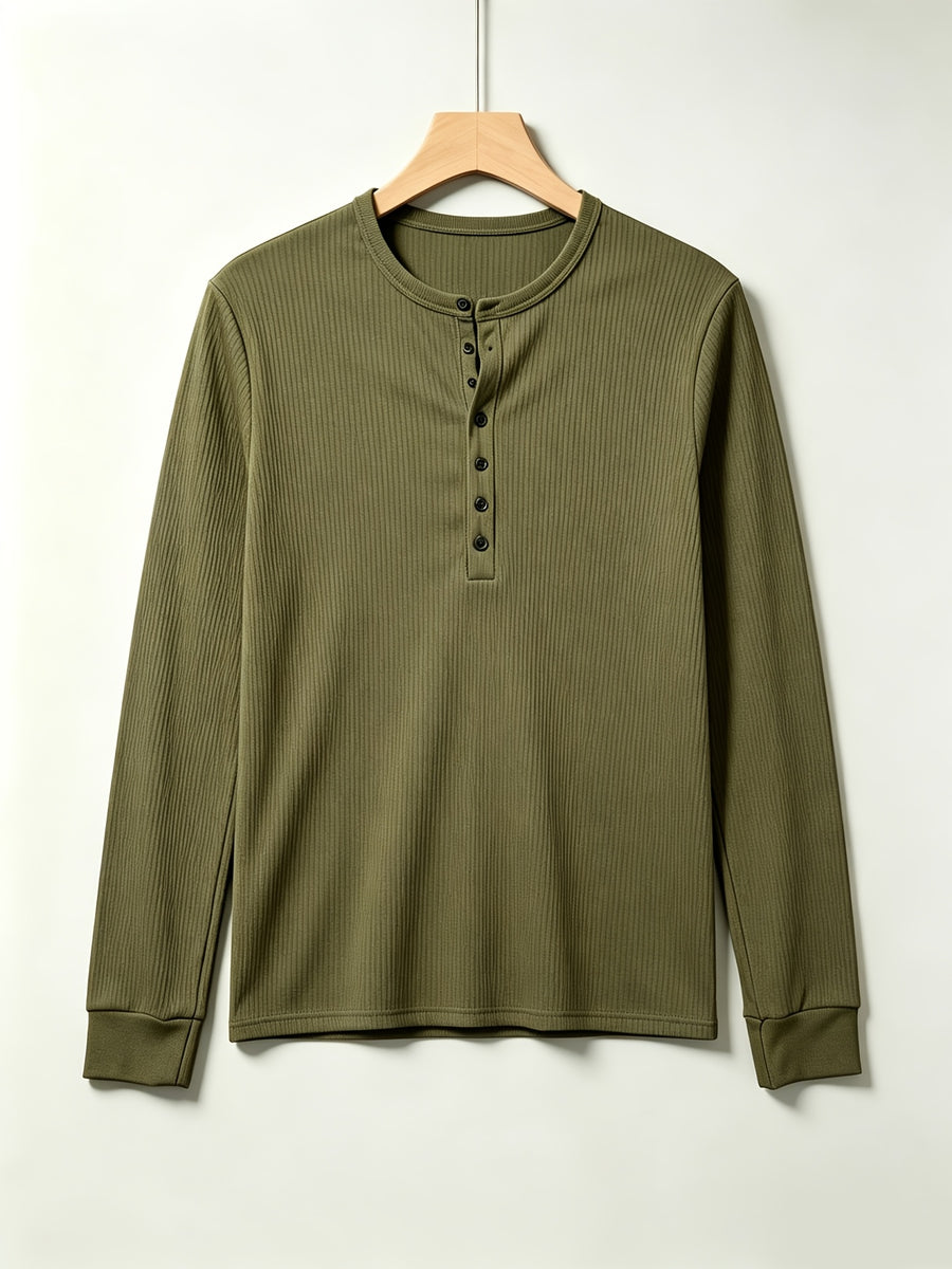 2pcs Men's Long Sleeve Vertical Rib Knit Henley Shirt, Slim Fit with Waist Taper to Highlight a Masculine Silhouette, Breathable and Skin-Friendly, Not Stuffy, High-Stretch Vertical Ribbed 7-Button Placket Versatile Top, Suitable for Daily Casual - dark gray + army green