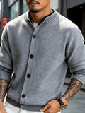 Men's New Spring/Autumn Solid Color Long-Sleeve Knit Cardigan with Contrast Color Stand Collar and Single-Breasted Buttons, Urban Street Style Casual Textured Top, Versatile Commuter Wear for Mature Young Men - Light Grey
