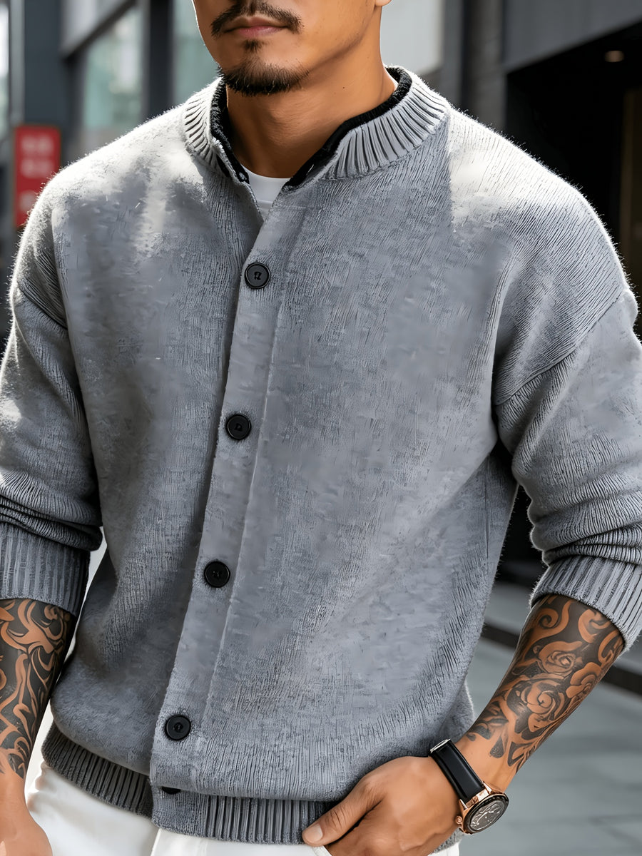 Men's New Spring/Autumn Solid Color Long-Sleeve Knit Cardigan with Contrast Color Stand Collar and Single-Breasted Buttons, Urban Street Style Casual Textured Top, Versatile Commuter Wear for Mature Young Men - Light Grey