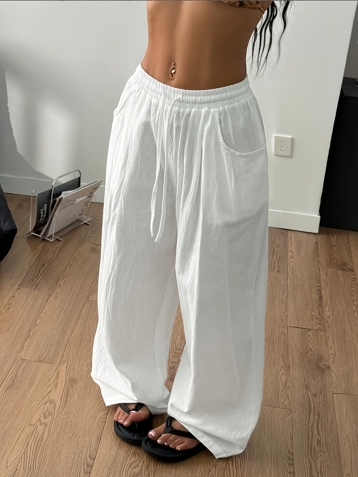 Women'S Summer Minimalist Bohemian Style Vacation Casual Everyday Versatile Comfortable Loose-Fitting Trousers, Pants - White