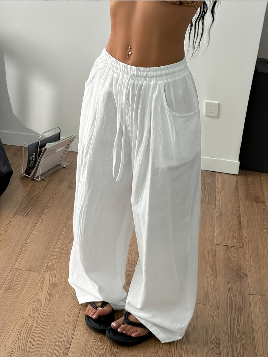 Women'S Summer Minimalist Bohemian Style Vacation Casual Everyday Versatile Comfortable Loose-Fitting Trousers, Pants - White