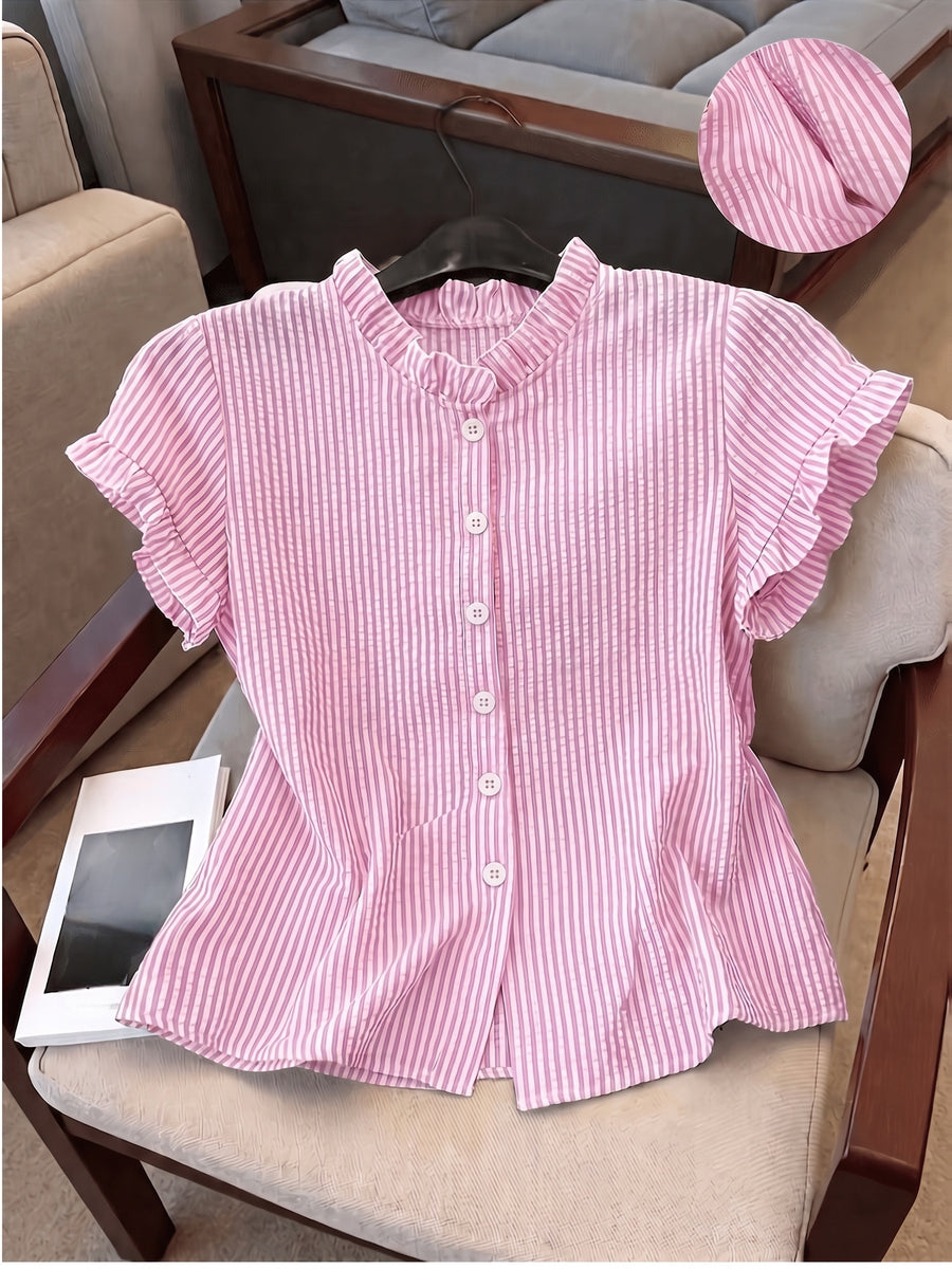 Women's Ruffle Collar Short Sleeve Single-Breasted Striped Shirt, Summer - Pink