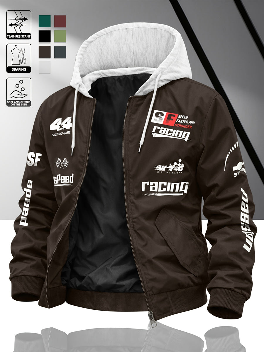 Fashion Casual Men'S Contrast Color Hooded Cardigan Long Sleeve Jacket, Letter Print, Comfortable And Versatile, Suitable for Autumn Winter JK5682, Sporty, Breathable, Regular Fit, Daily - Coffee Color