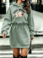 Women'S Tummy Control Drawstring Halloween Western Fashion Printed Hooded Sweatshirt - Light Green